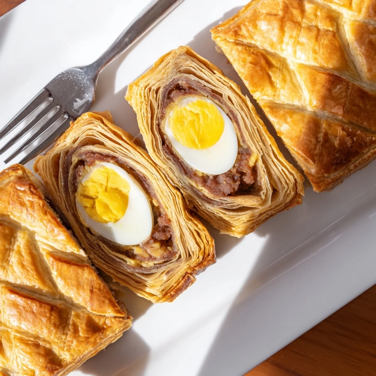Hearty Giant Chorizo and Egg Sausage Roll served warm with grainy mustard and a crisp green salad.