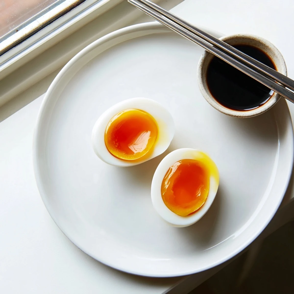 Four marinated Ramen Eggs with glistening dark soy glaze sit in a ceramic bowl.