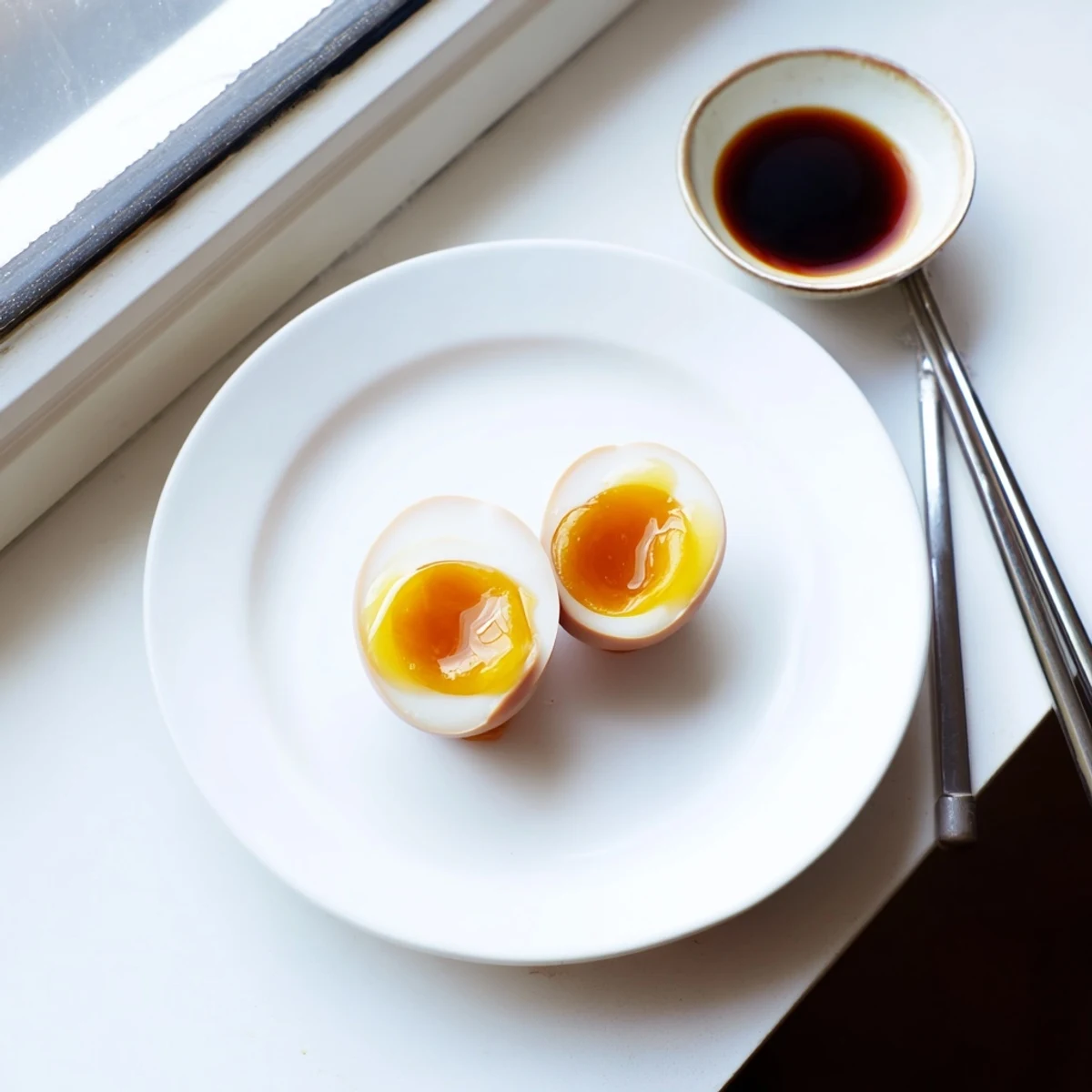 Glossy Ramen Eggs, sliced in half to reveal creamy yolks, served with chopsticks nearby.
