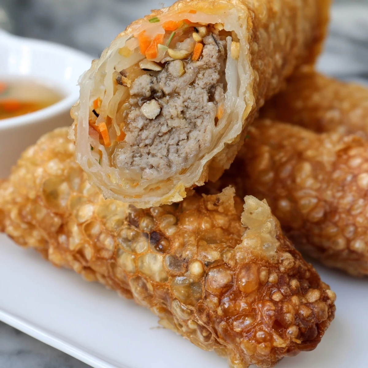 A close-up of golden-brown Cha Gio rolls on a plate with fresh lettuce, mint, and a small bowl of Nuoc Cham.