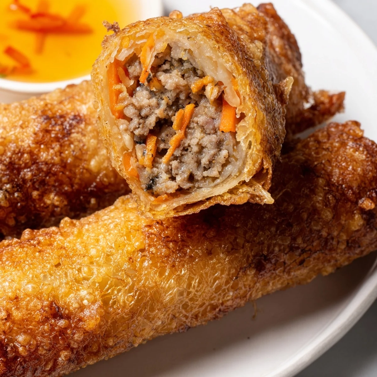 Vietnamese Cha Gio appetizer fried until crisp, revealing a savory filling with pork, shrimp, and vermicelli noodles inside.