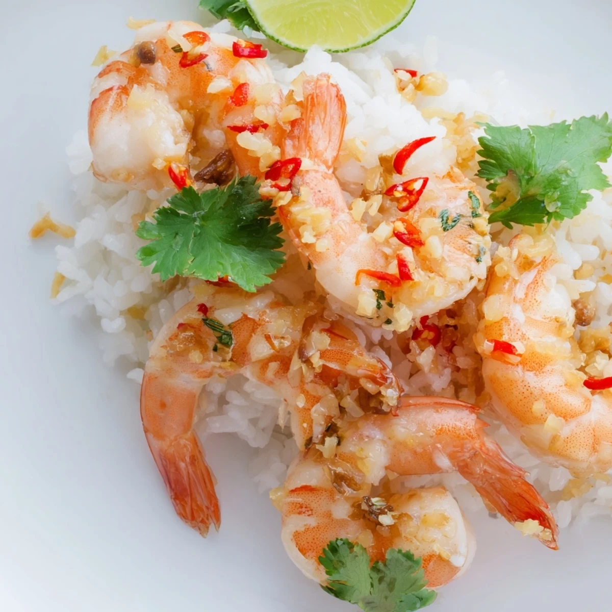 The spicy lemongrass shrimp glistens with sautéed juices, piled high on fluffy white coconut rice garnished with cilantro and lime.