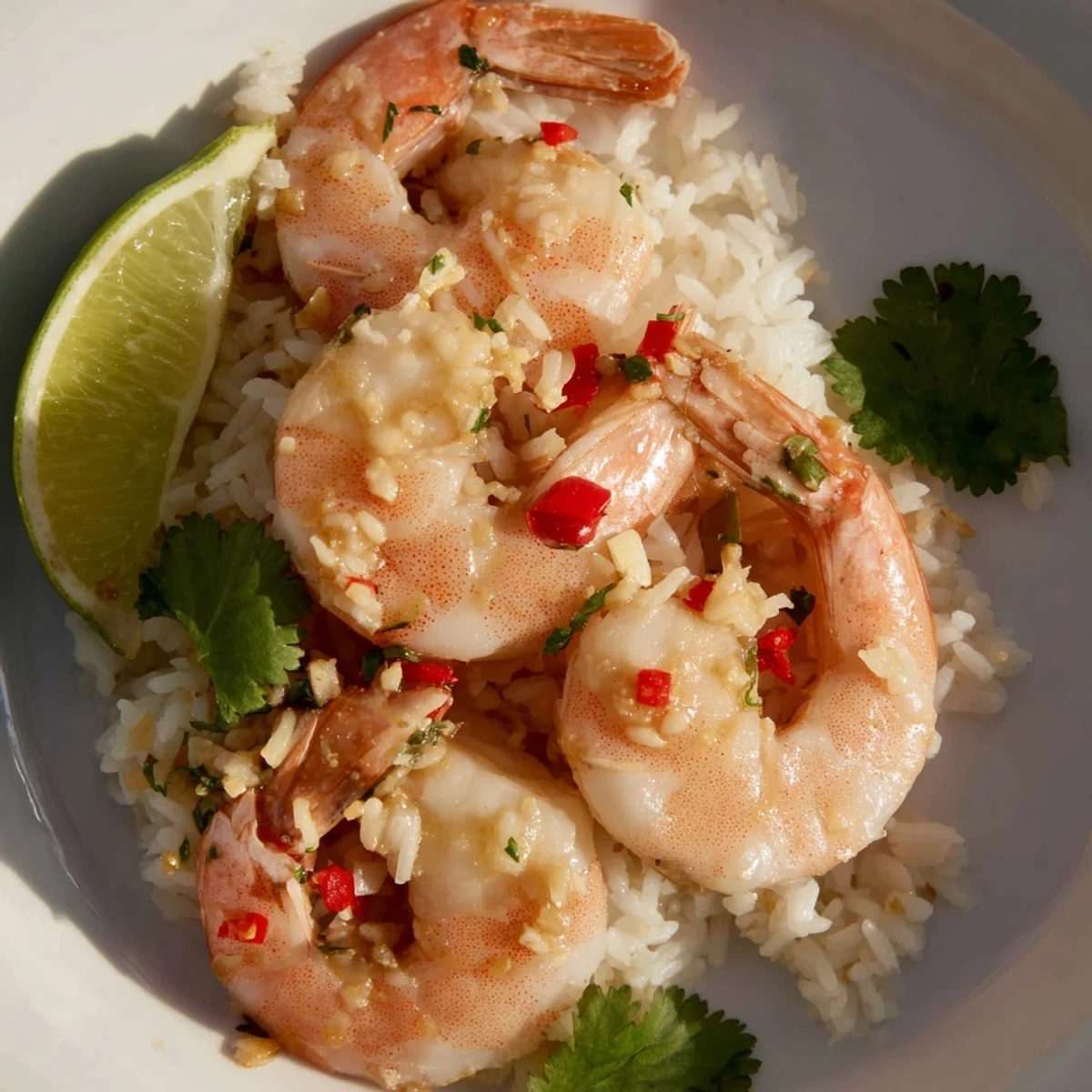 A close-up of the spicy lemongrass shrimp and coconut rice reveals steaming grains and vibrant fresh chili slices on top.