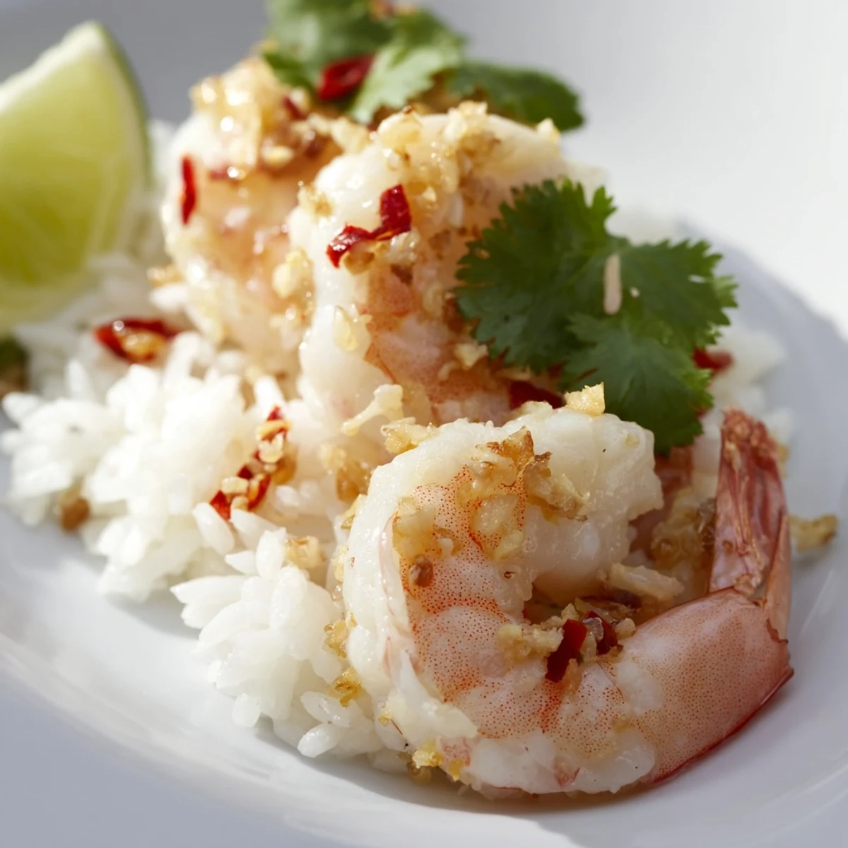 Serving suggestion for spicy lemongrass shrimp: juicy shrimp over fragrant coconut rice with lime wedges and cilantro on a plate.