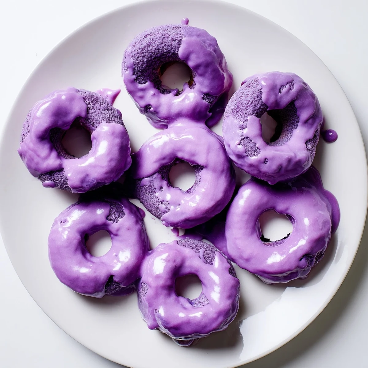 Vibrant purple Ube Mochi Donuts with a crisp exterior and a chewy, mochi-like interior, dusted with powdered sugar.  