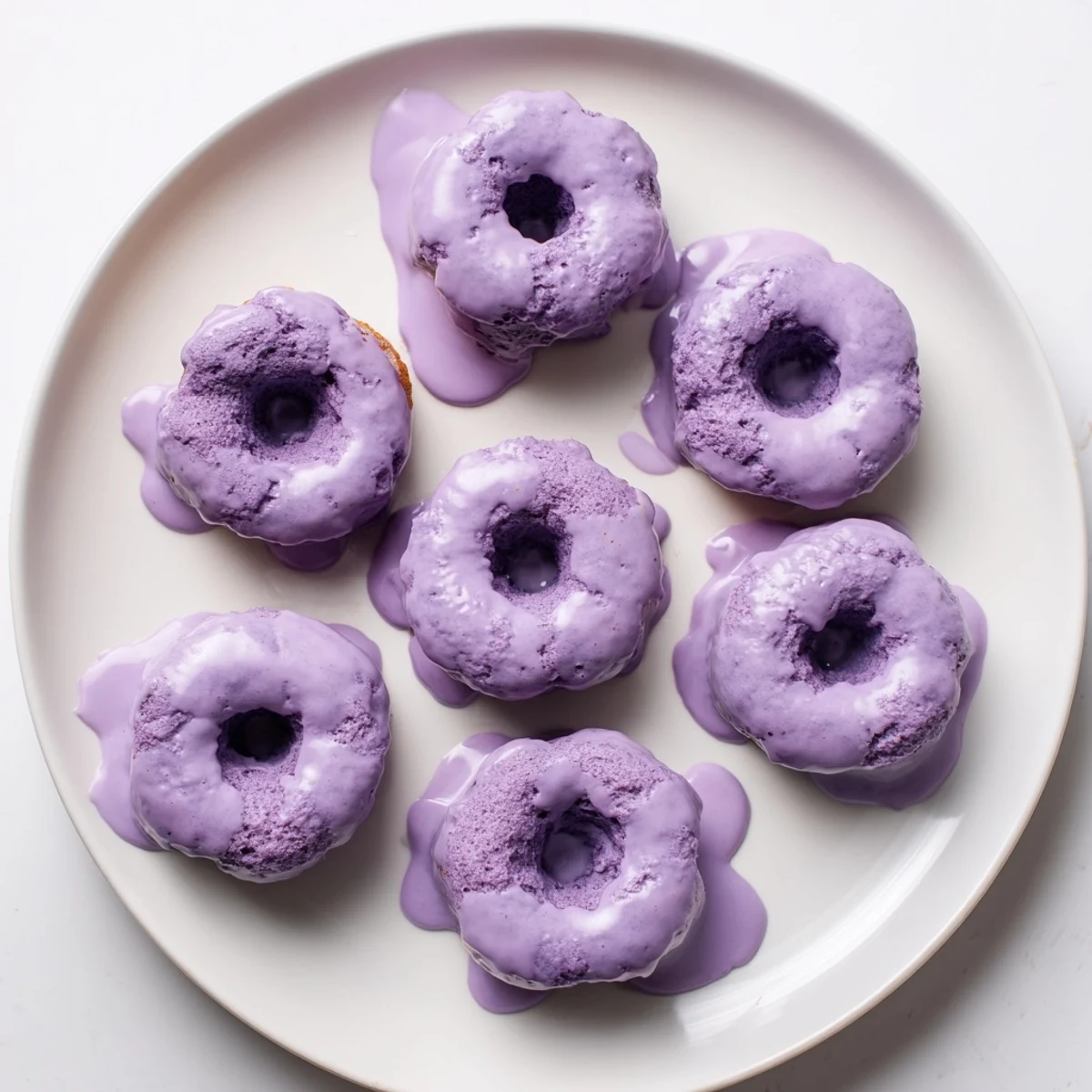 Freshly fried Ube Mochi Donuts on a wire rack, featuring a sticky, sweet purple glaze and soft texture.