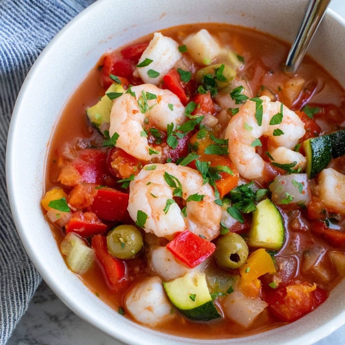Vibrant bowl of Mediterranean Seafood Shrimp Chili With Olives, briny olives and pink shrimp in a rich, aromatic tomato broth.