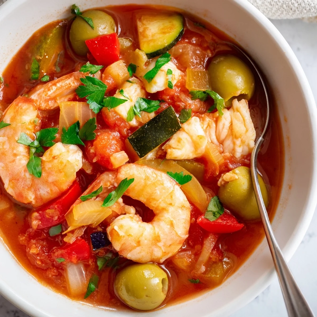 Hearty Mediterranean Seafood Shrimp Chili With Olives served steaming in a rustic bowl, garnished with fresh parsley and lemon wedges.