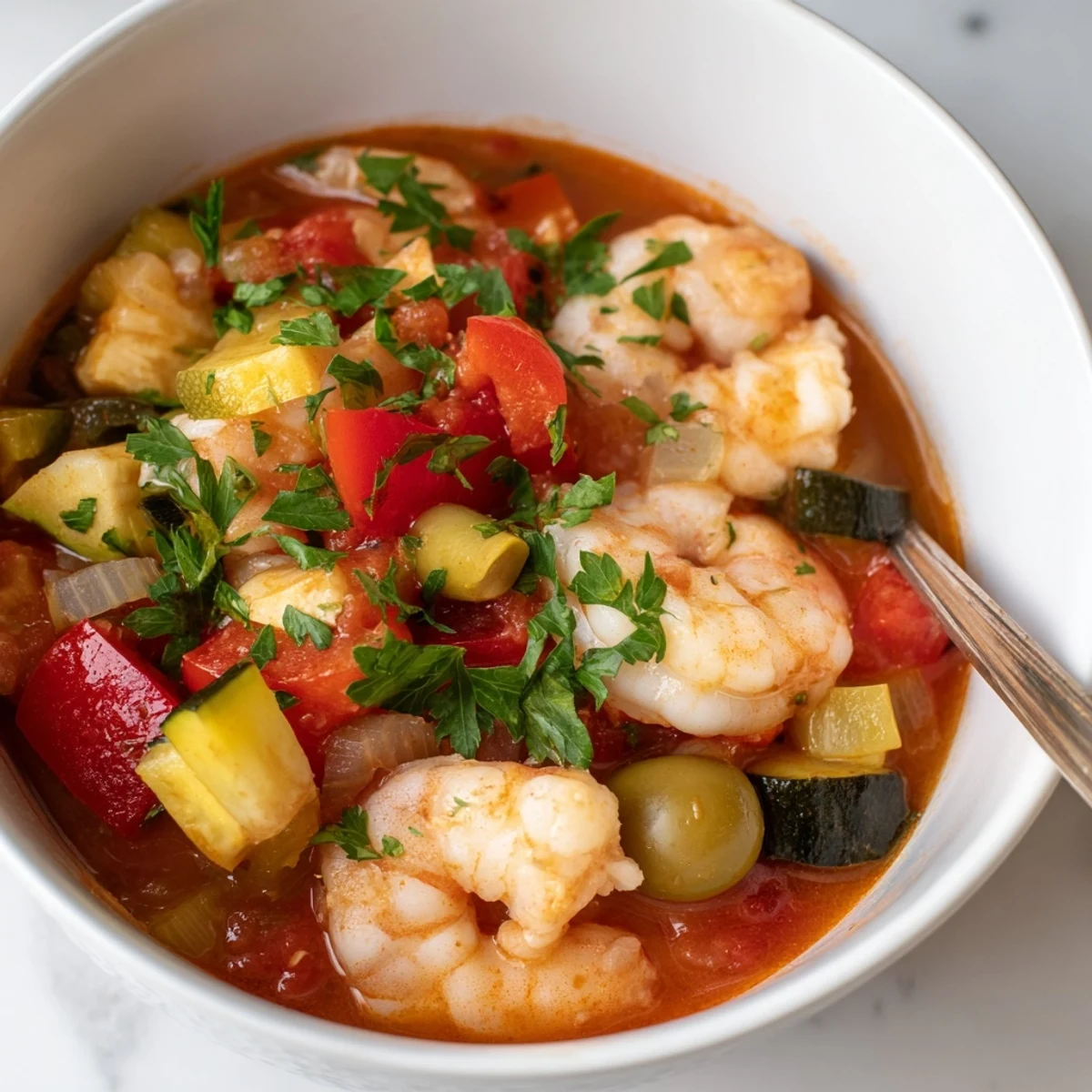 Succulent shrimp and tender white fish in Mediterranean Seafood Shrimp Chili With Olives, simmered with spices and bright green olives.