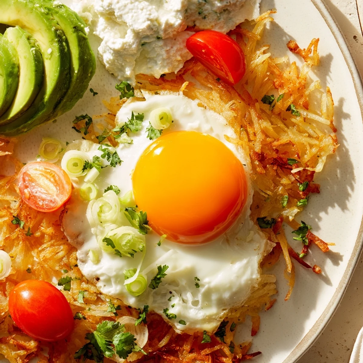 Crispy golden hash browns topped with fluffy eggs, sliced avocado, and creamy cottage cheese for a hearty breakfast.