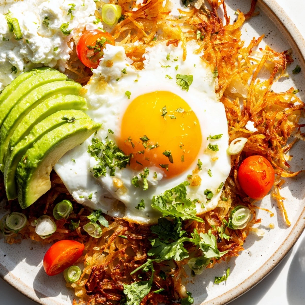 A close-up of Loaded Hash Browns with Eggs, Avocado & Cottage Cheese, garnished with green onions and cherry tomatoes.
