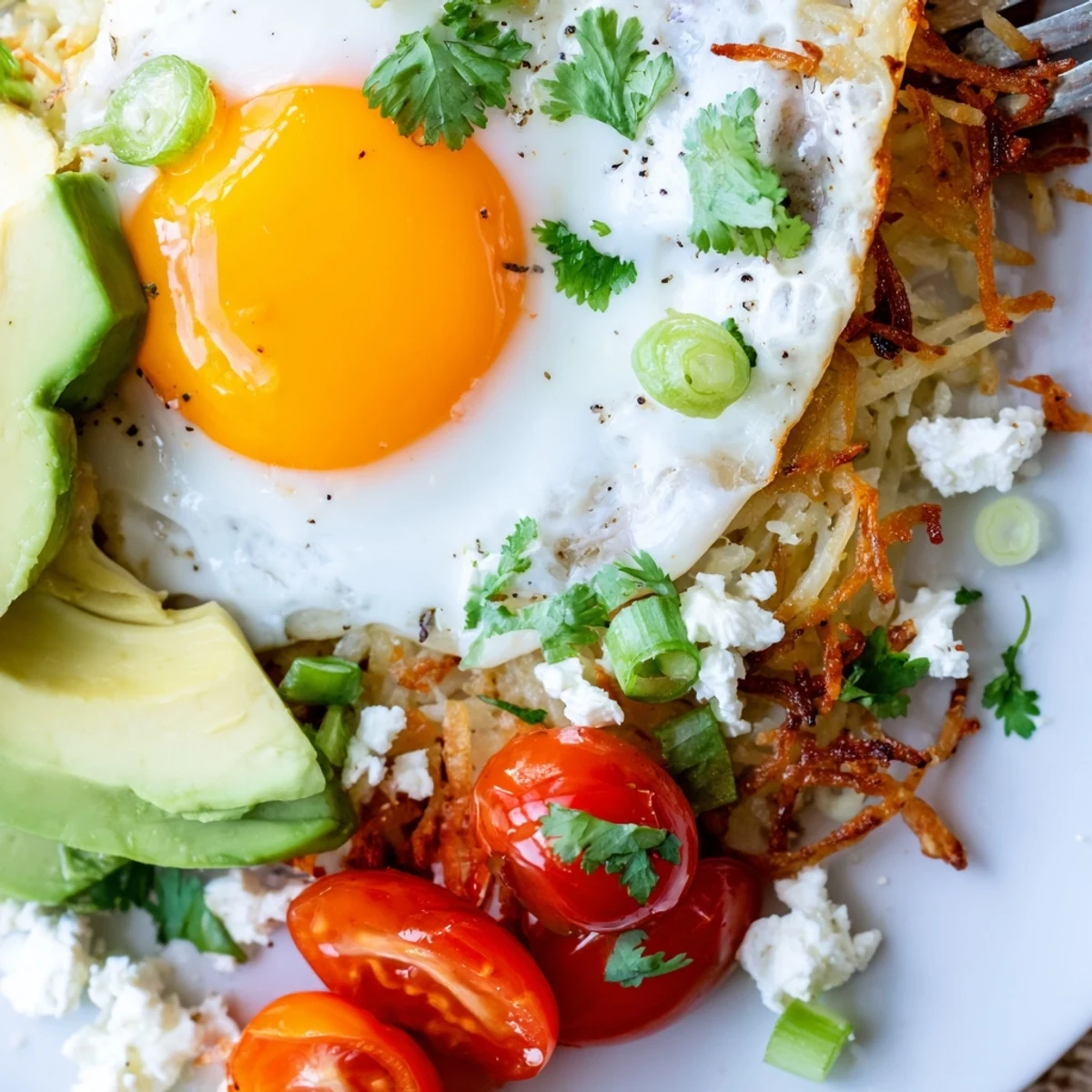 Loaded Hash Browns with Eggs, Avocado & Cottage Cheese served hot, with a side of hot sauce for a spicy kick.