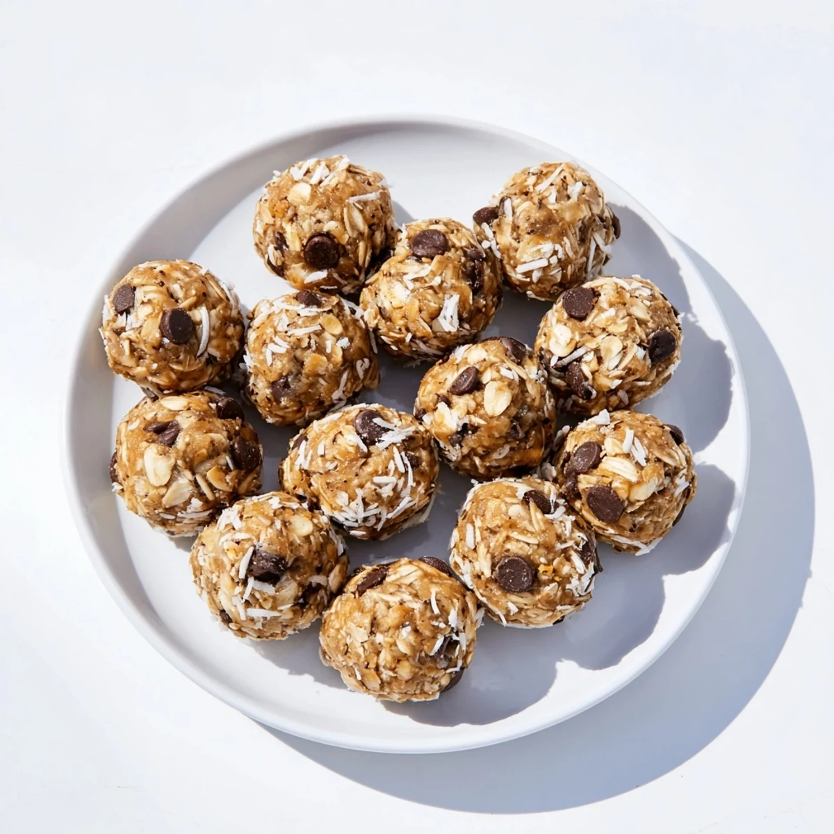 The Easy No Bake Chocolate Chip Energy Bites show sticky texture and rolled oats on a rustic kitchen counter. 