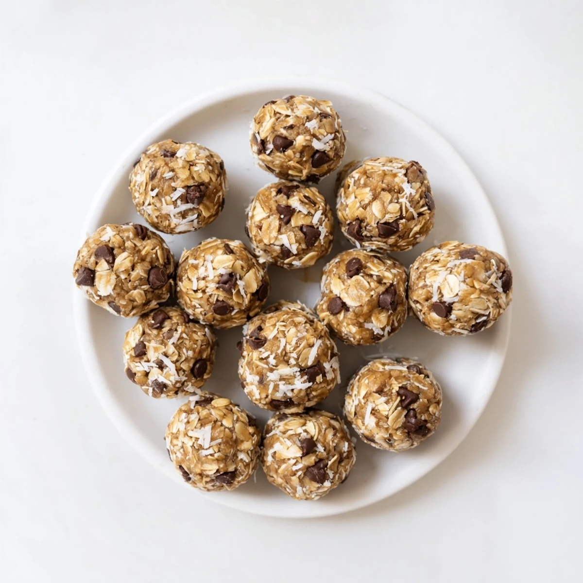 Homemade Easy No Bake Chocolate Chip Energy Bites on a plate, showcasing oats, peanut butter, and mini chocolate chips. 