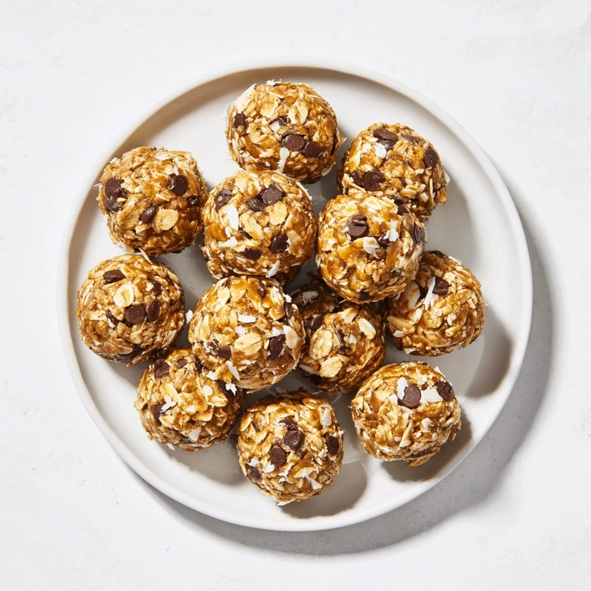 Enjoy a close-up of Easy No Bake Chocolate Chip Energy Bites with shredded coconut and a glass of milk.