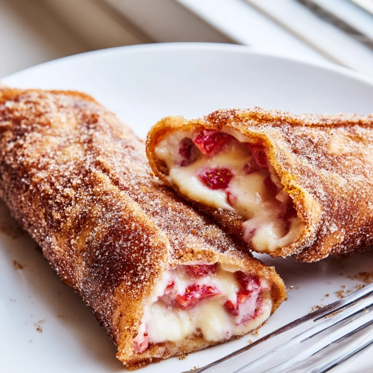 Golden-fried Cheesecake Dessert Chimichangas with cinnamon sugar coating, served warm on a plate with berries.