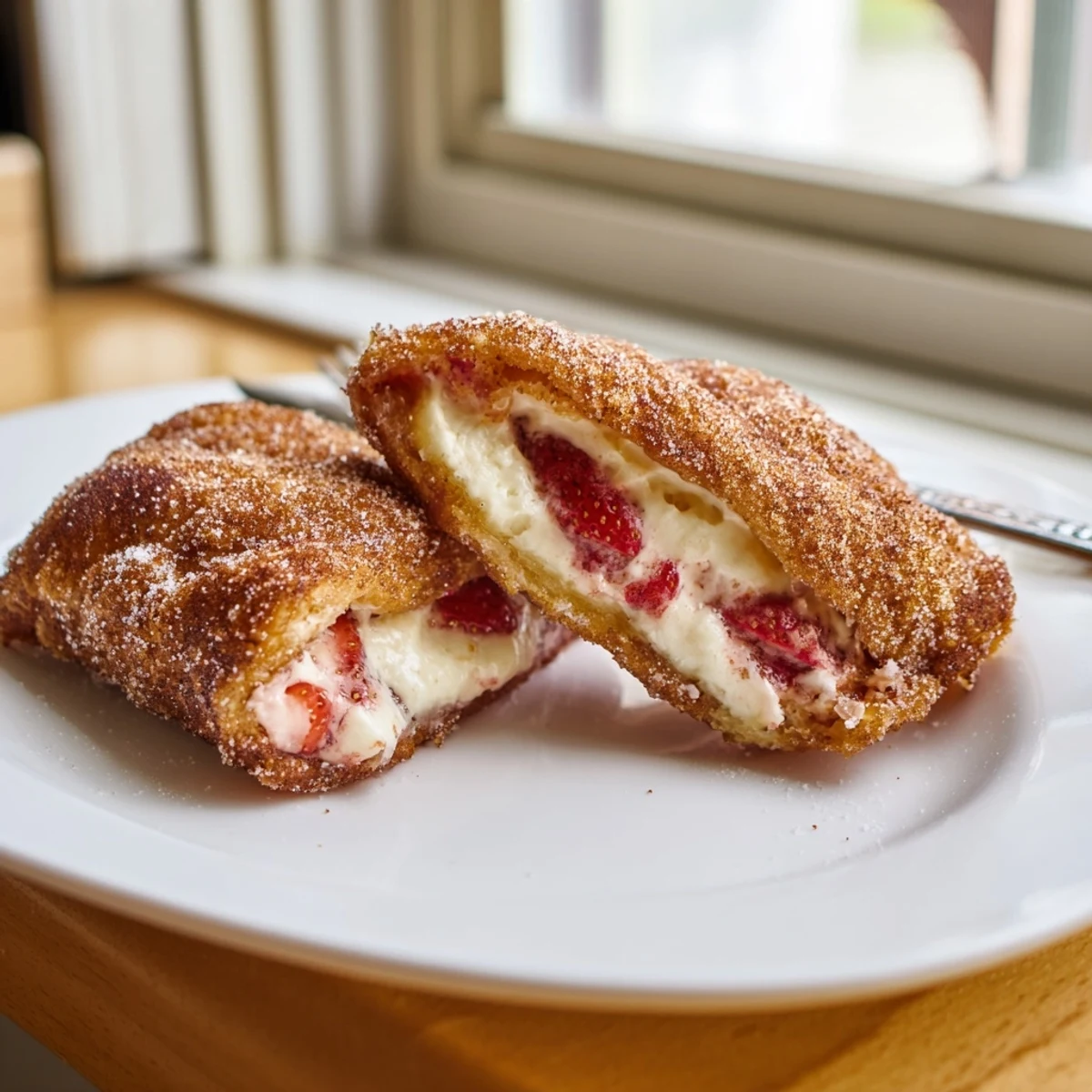 Warm Cheesecake Dessert Chimichangas on a plate, golden and sugary, ready to be enjoyed.