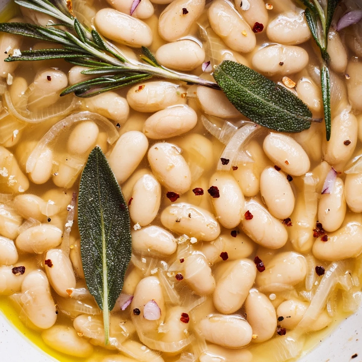 A close-up of Tuscan White Beans simmering in a rustic pot with fresh rosemary and sage leaves.  