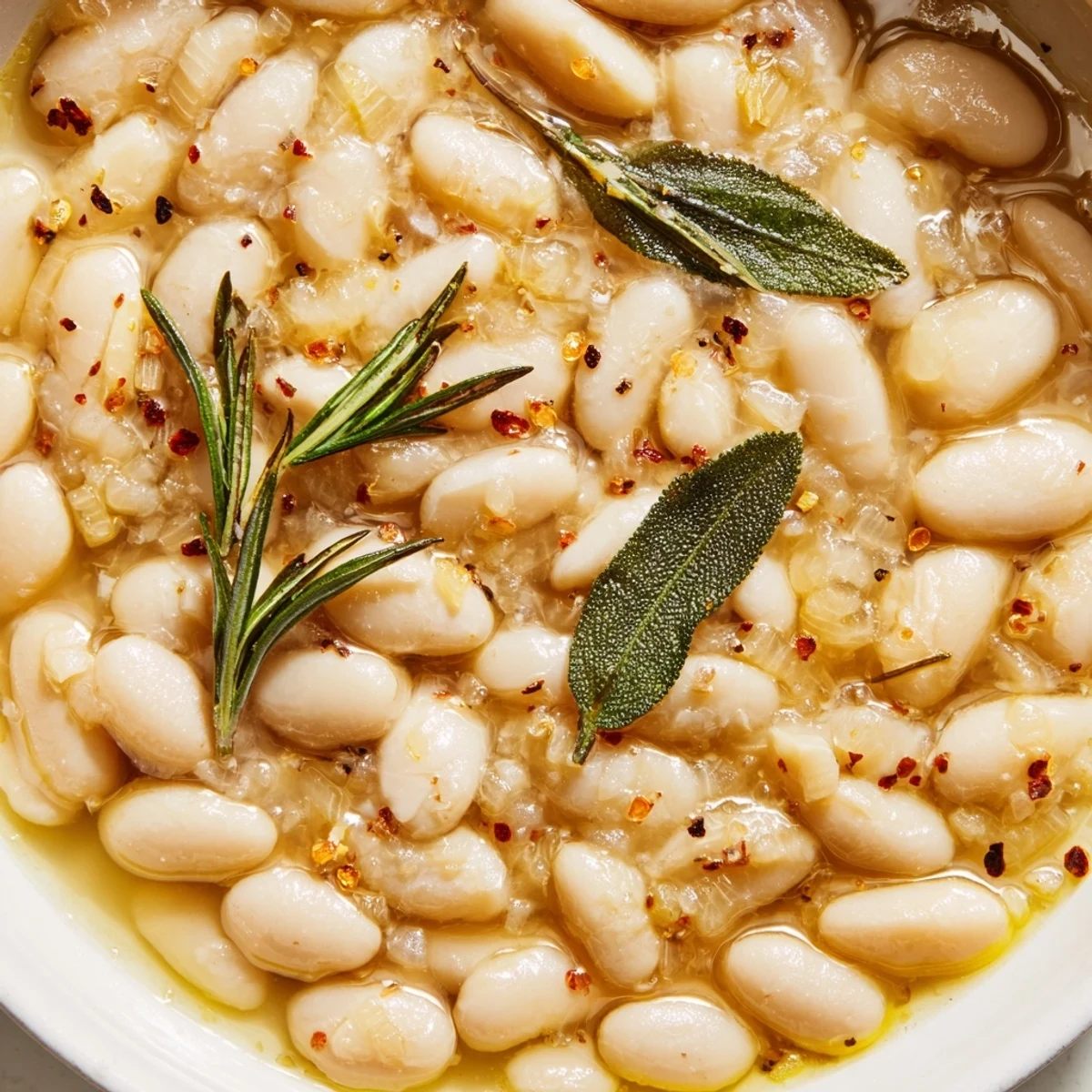 Tuscan White Beans served in a white bowl beside crusty bread and a drizzle of olive oil.  