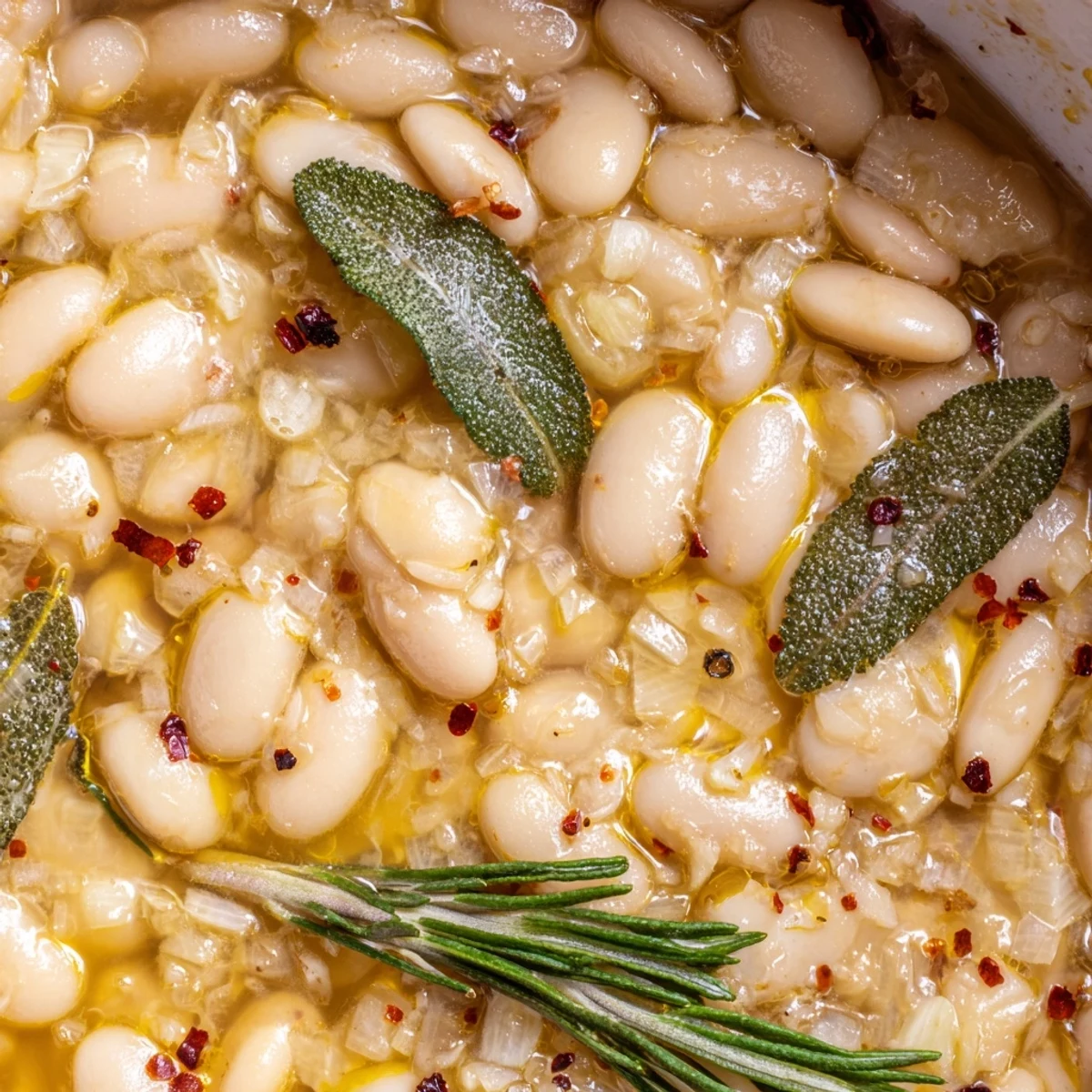 A rustic skillet of Tuscan White Beans garnished with fresh herbs and a pinch of red pepper flakes.