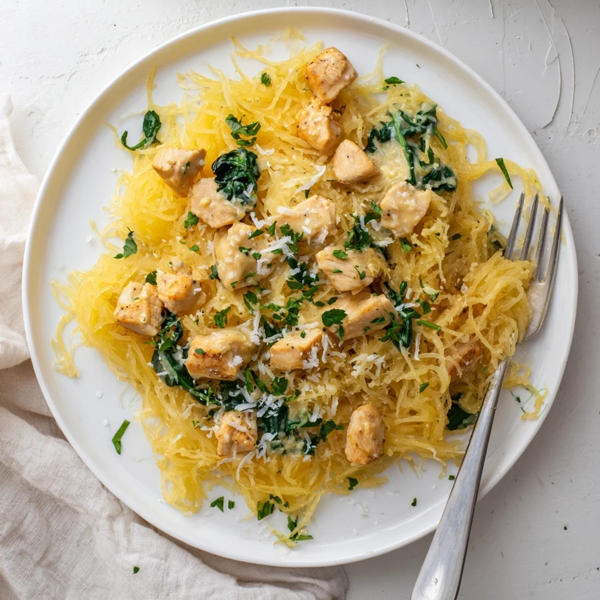 A close-up of Chicken and Spinach Spaghetti Squash Alfredo with creamy sauce and golden chicken on a rustic table.