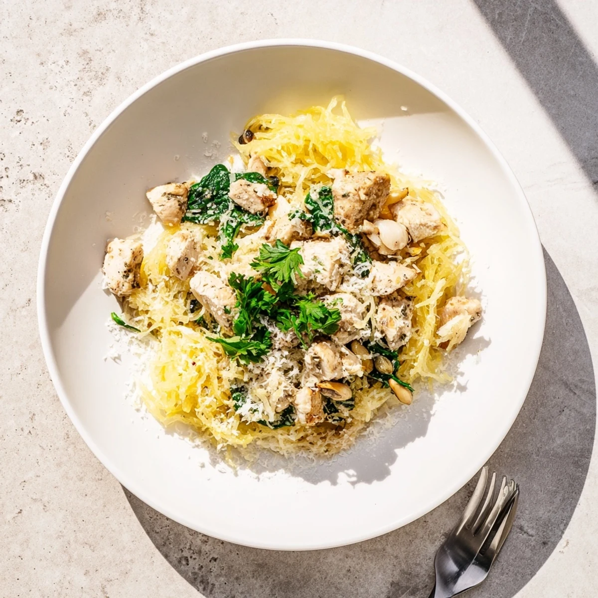 Warm, garlicky Chicken and Spinach Spaghetti Squash Alfredo served in a white bowl with fresh parsley garnish.