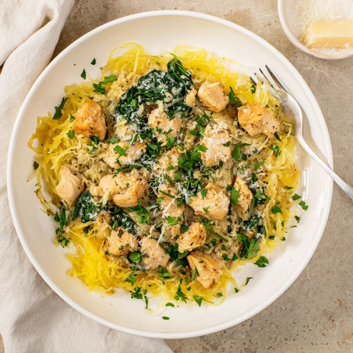 Dinner plate of Chicken and Spinach Spaghetti Squash Alfredo with wilted spinach and shredded Parmesan, ready to enjoy.