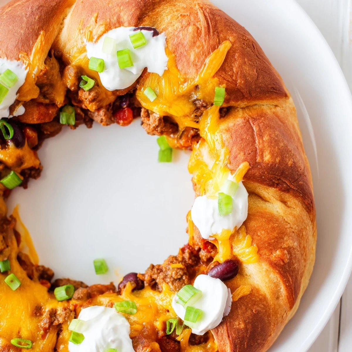 Golden baked Beef Chili Taco Crescent Roll Ring with melted cheese, featuring savory beef, beans, and warm spices in flaky pastry.