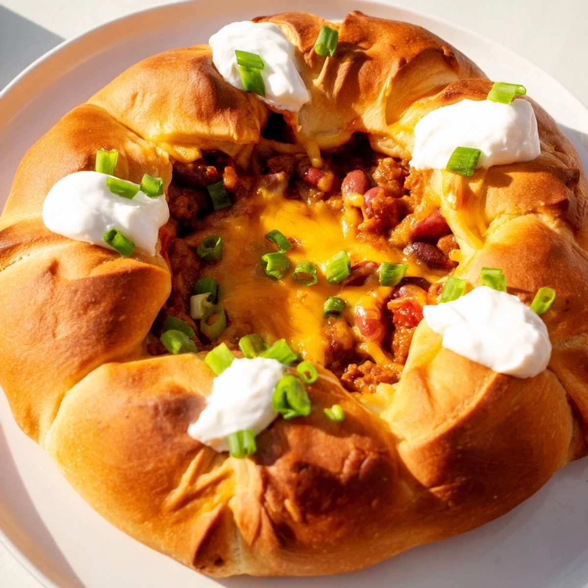 Fresh cilantro and sliced jalapeños garnish this savory Beef Chili Taco Crescent Roll Ring beside a bowl of cool sour cream.