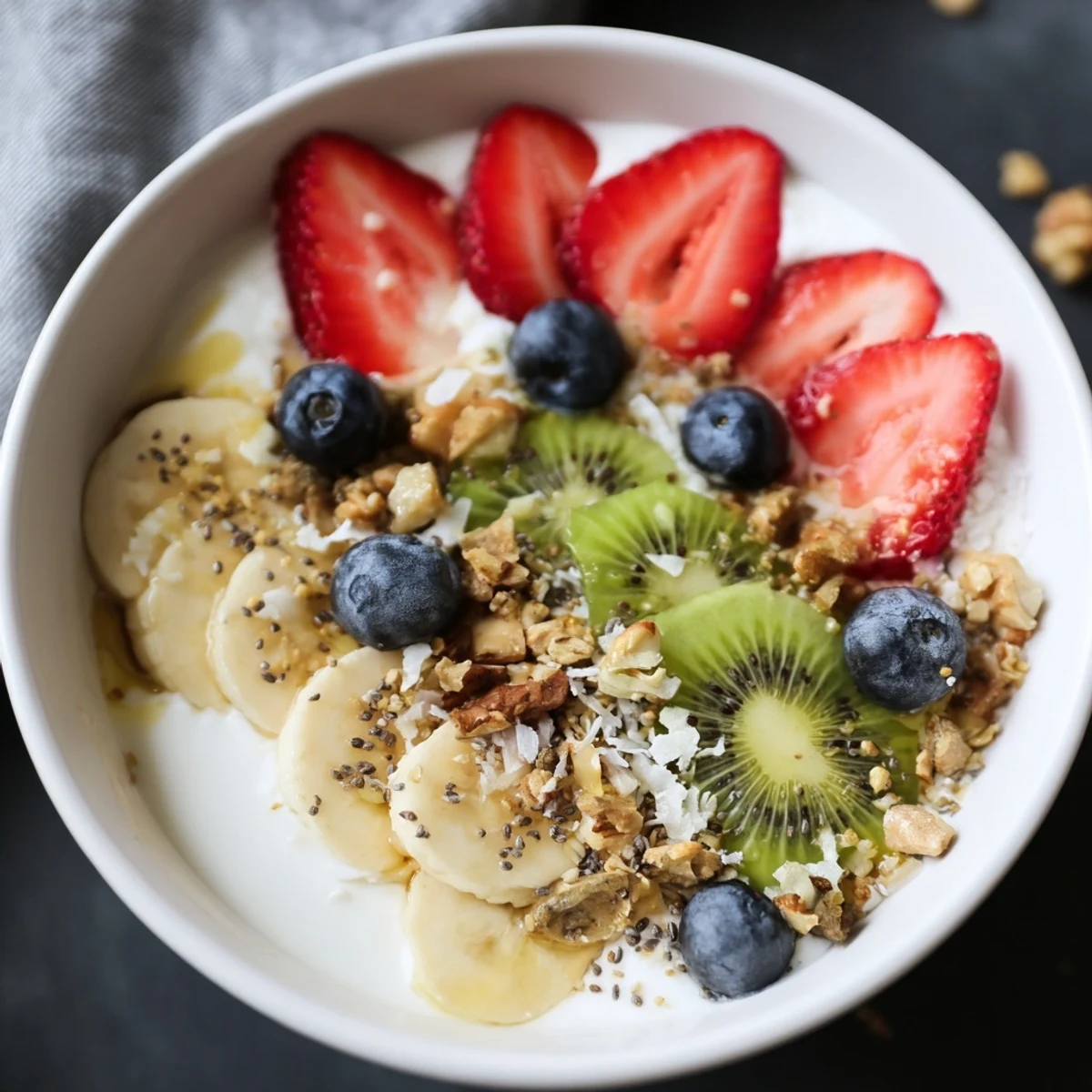 This Healthy Breakfast Bowl features sliced banana, kiwi, and a honey drizzle for sweetness.