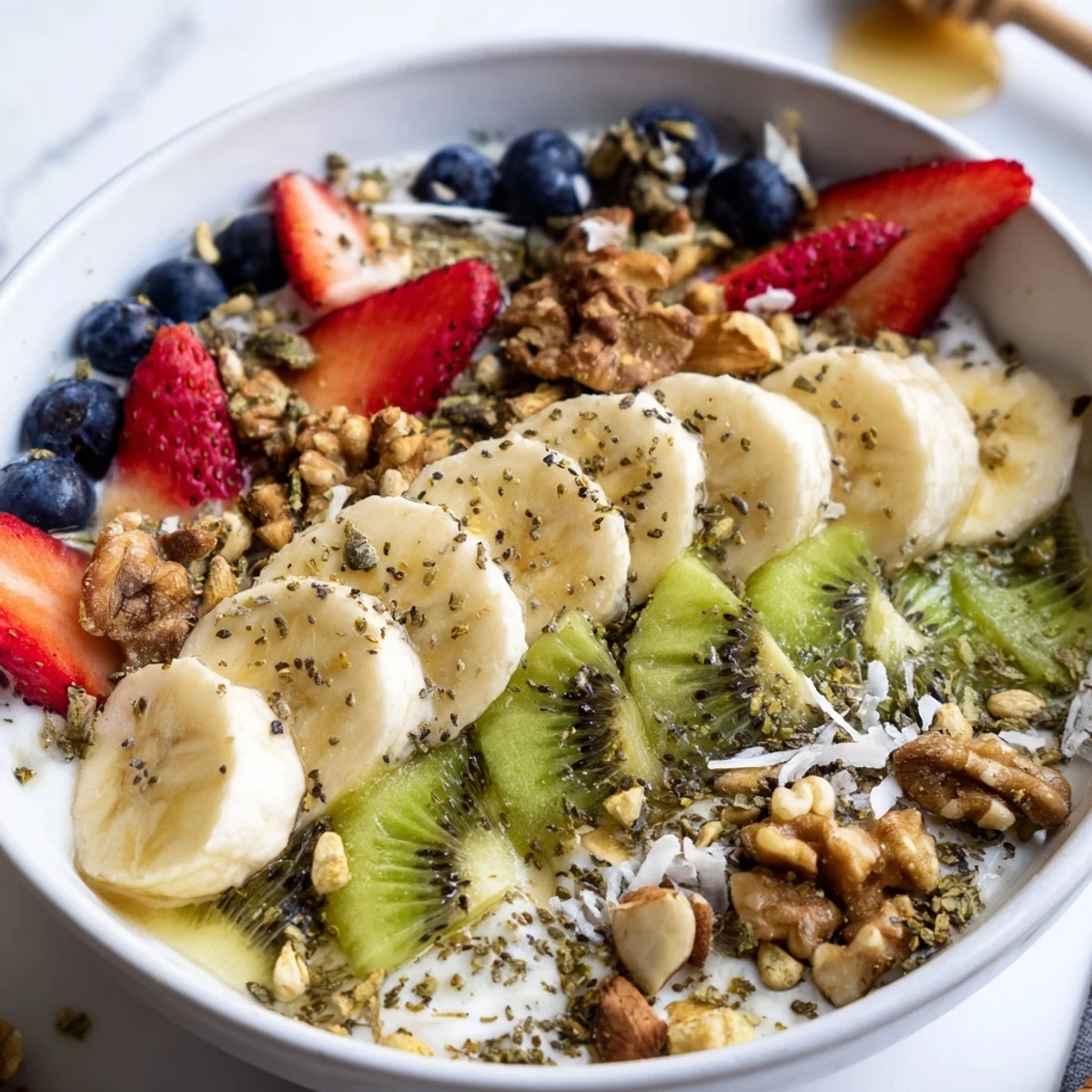A nourishing Healthy Breakfast Bowl topped with nuts and chia seeds, ready to enjoy.