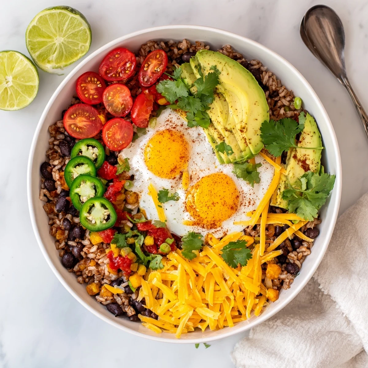 A vibrant Tex Mex Inspired Breakfast Bowl with scrambled eggs, black beans, avocado, and melted cheddar cheese.