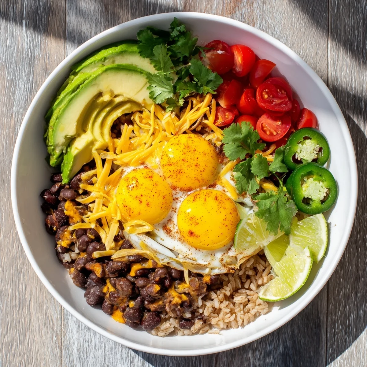 Serving a warm Tex Mex Inspired Breakfast Bowl with rice, sautéed peppers, and fresh cilantro on top.