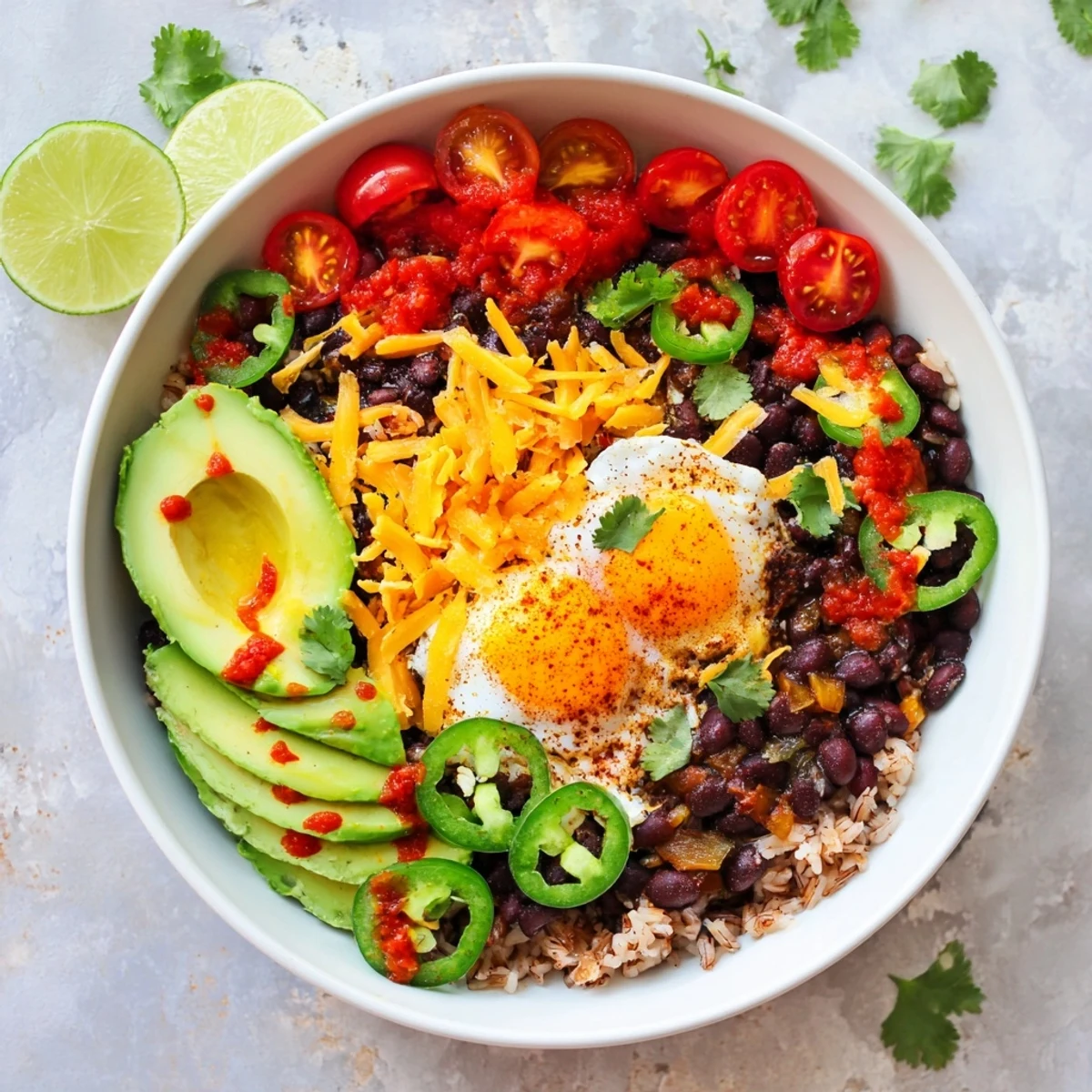 An overhead view of a hearty Tex Mex Inspired Breakfast Bowl featuring jalapeños and salsa for a spicy kick.