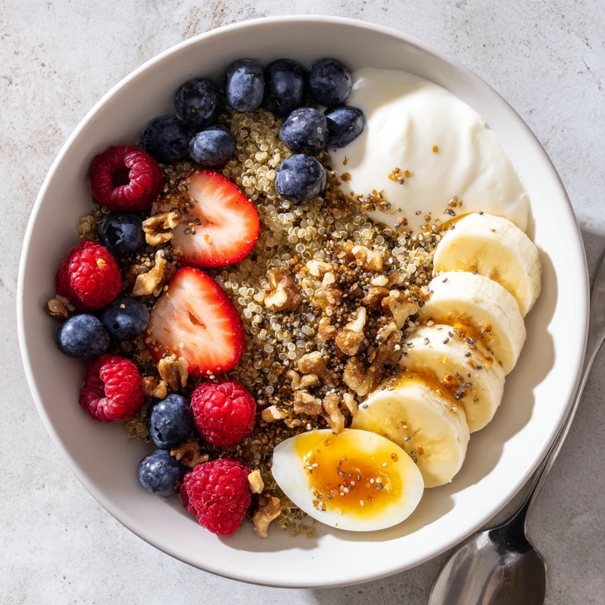 The Dietitians Balanced Breakfast Bowl features soft-boiled eggs, quinoa, walnuts, and a honey drizzle on a white plate.