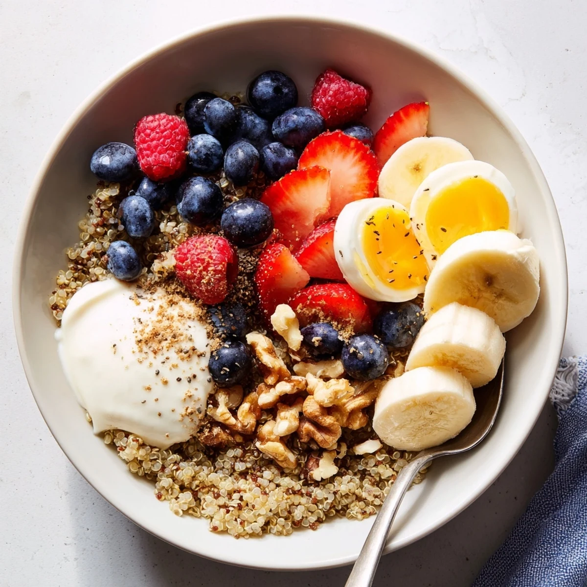 A close-up of the Dietitians Balanced Breakfast Bowl with creamy Greek yogurt, fresh berries, and sliced banana.