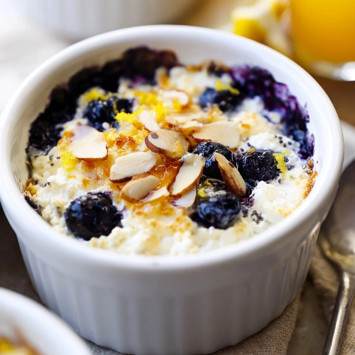 Warm Baked Blueberry Cottage Cheese Breakfast Bowls topped with toasted almonds and a honey drizzle. 