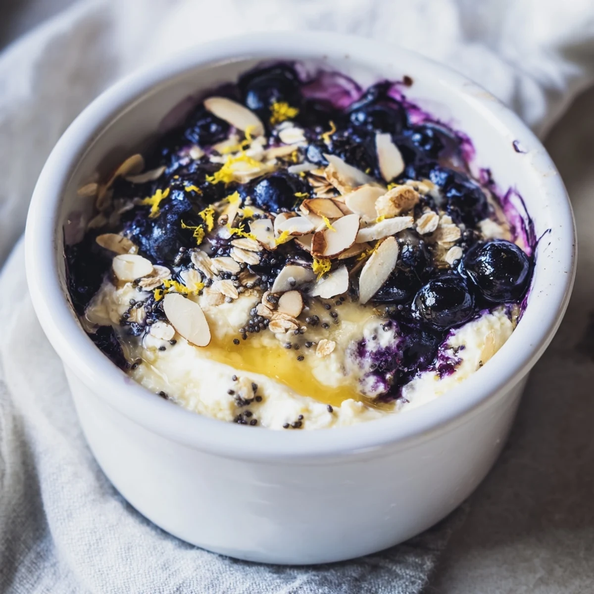 Freshly baked Baked Blueberry Cottage Cheese Breakfast Bowls with creamy texture and a golden-brown finish. 