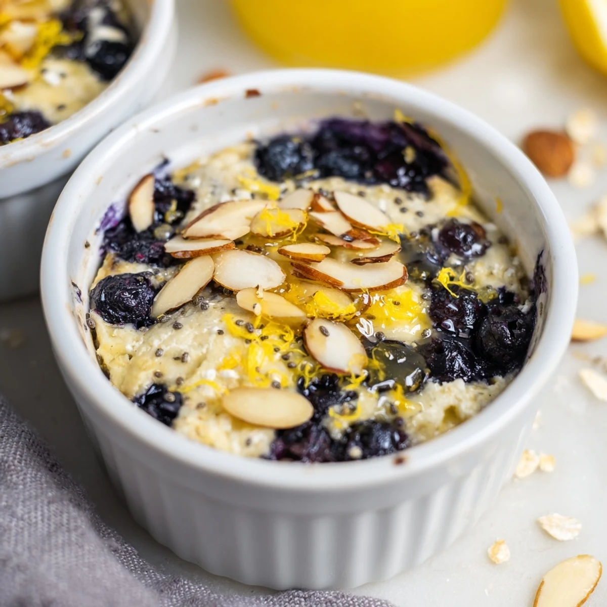 Serving suggestion for Baked Blueberry Cottage Cheese Breakfast Bowls with a side of fresh fruit.