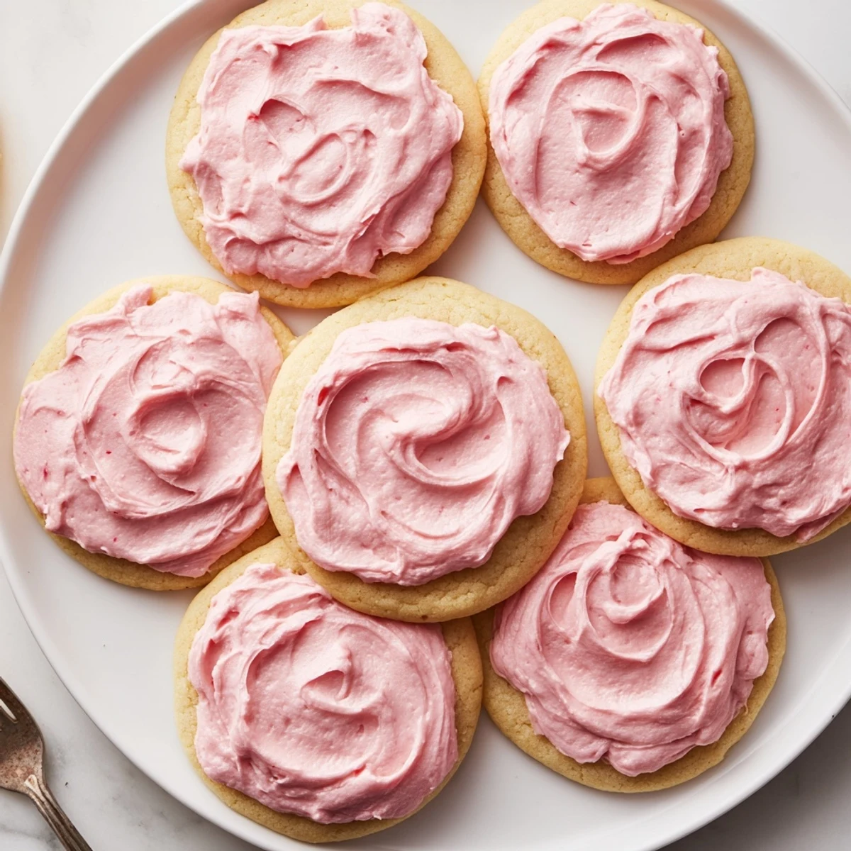 Thick, soft Crumbl Sugar Cookies sit frosted with creamy pink almond icing on a cooling rack.