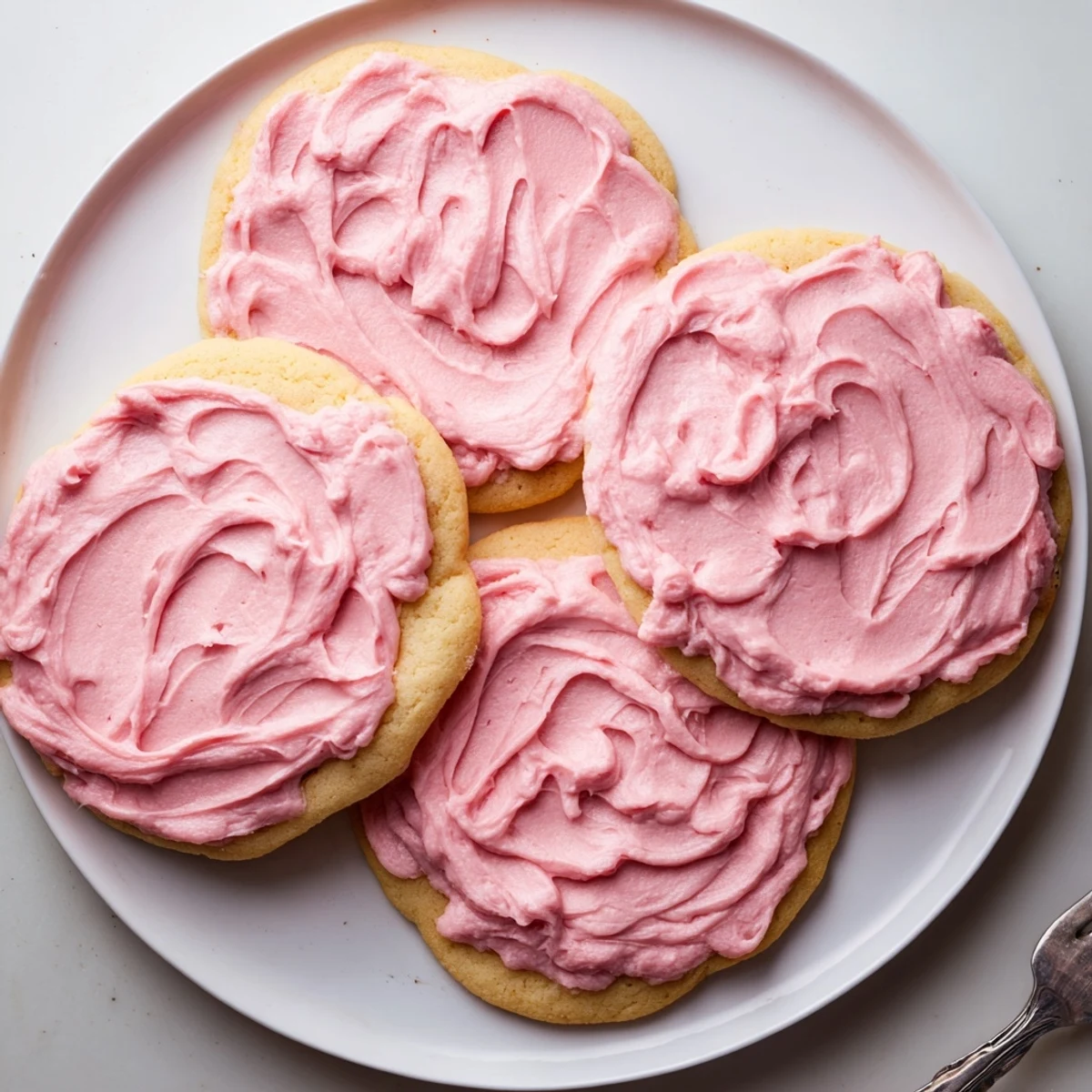 A plate of Crumbl Sugar Cookies topped with smooth pink frosting, ready for a party dessert table.