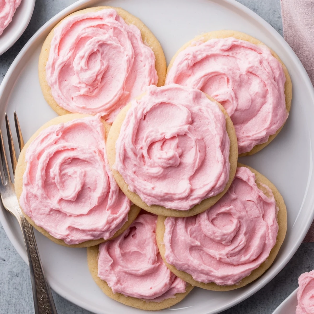Hand holding a Crumbl Sugar Cookie revealing soft center and pink almond frosting on a marble surface.