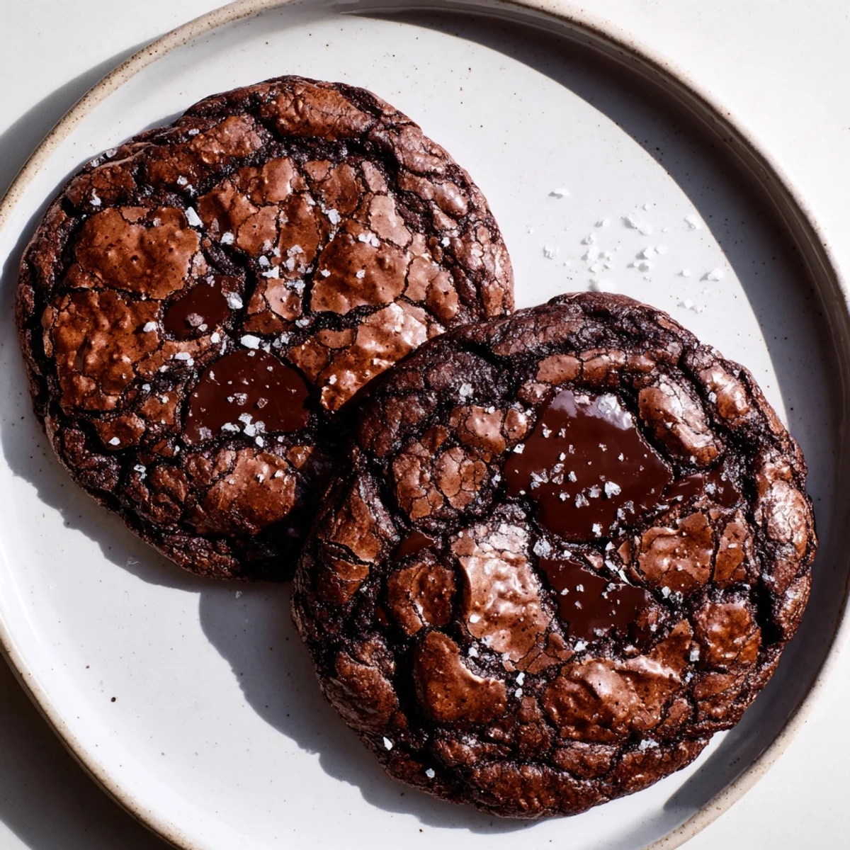 Fudgy Gourmet Brownie Cookies with crackled tops and melted chocolate chips, served warm on a rustic wire rack.