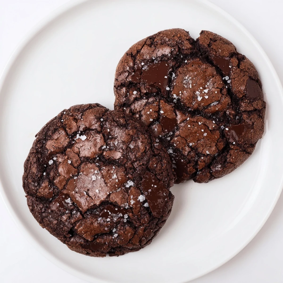 Two Gourmet Brownie Cookies with flaky sea salt atop a plate, perfect with a glass of cold milk.