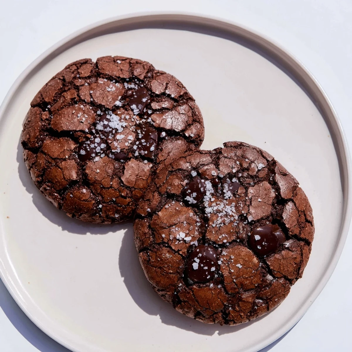 Close-up of Gourmet Brownie Cookies showing crisp edges and gooey centers, fresh from a lined baking sheet.