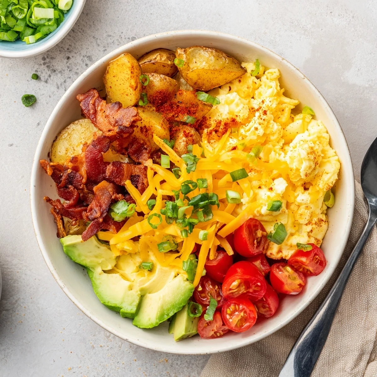 A steaming Loaded Breakfast Bowl filled with golden potatoes, savory bacon, eggs, and shredded cheddar ready for a satisfying American breakfast.