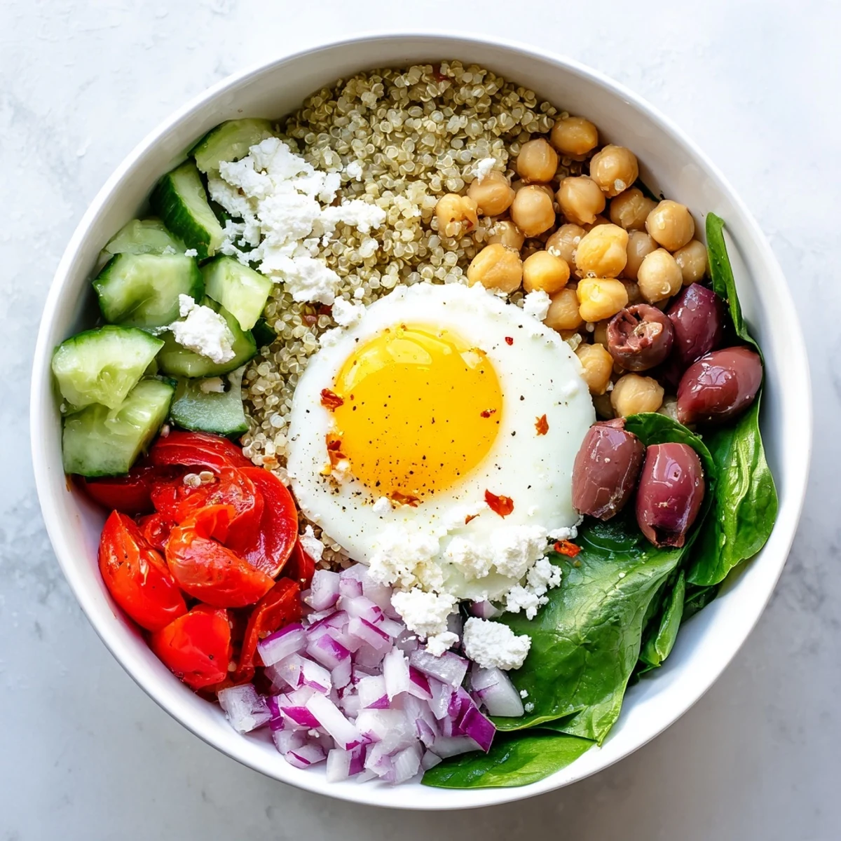 A bright Mediterranean Breakfast Bowl with quinoa, cherry tomatoes, cucumber, feta, and a jammy fried egg.