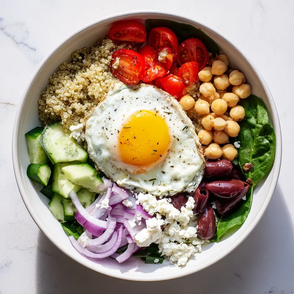 Wholesome Mediterranean Breakfast Bowl with spinach, red bell pepper, and creamy feta, served in a rustic bowl.