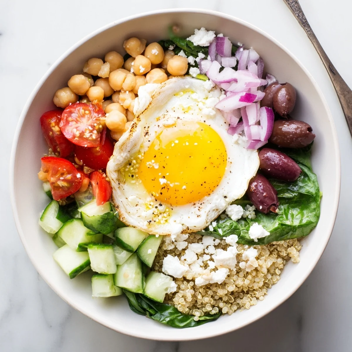 Colorful Mediterranean Breakfast Bowl topped with chickpeas, Kalamata olives, and herbs, drizzled with lemony dressing.
