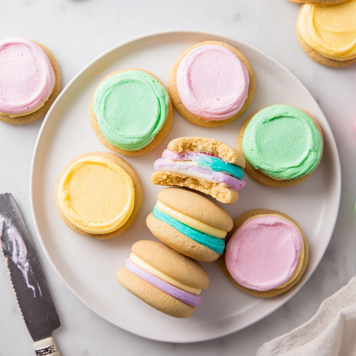 Stack of Pastel Sugar Cookie Sandwiches on a white plate, ready for spring gatherings.